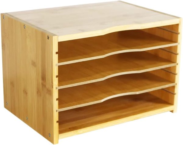 File Organizer with 3 Adjustable Shelves Bamboo Document Letter Tray Paper File Sorter for Desktop Office Home Study Workstation Desk Storage Rack (Natural)