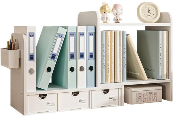 Adjustable Desktop Bookshelf with Drawers, Wood Counter Bookcase Display Shelf Storage Organizer for Office Supplies (White)