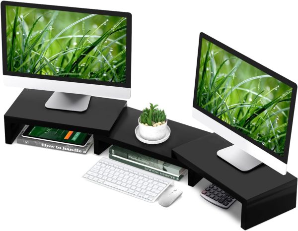 Dual Monitor Stand Riser Office Desktop Organizer Stand for 2 Monitors, Adjustable Length and Angle 3 Shelf, Extra Long Multifunctional Stand up to 48.2" fit Computer, Laptop, TV, Black