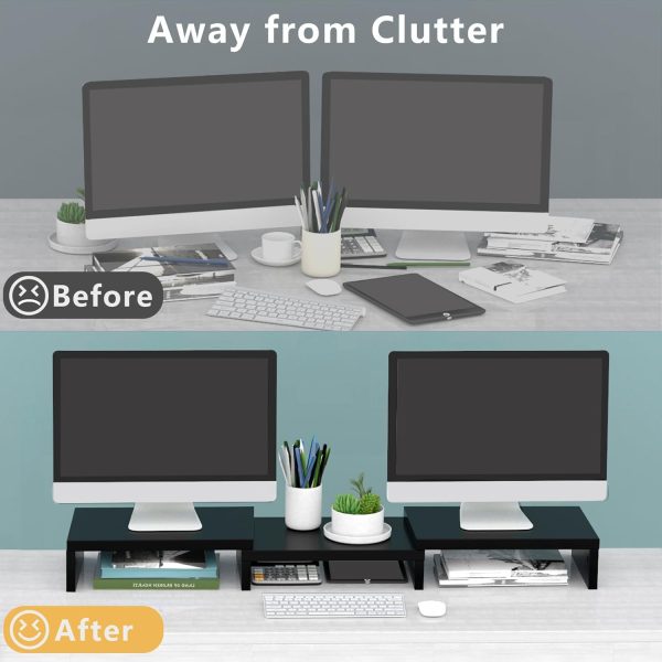 Dual Monitor Stand Riser Office Desktop Organizer Stand for 2 Monitors, Adjustable Length and Angle 3 Shelf, Extra Long Multifunctional Stand up to 48.2" fit Computer, Laptop, TV, Black