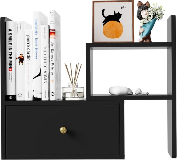 Desktop Organizer with Drawers – Adjustable Storage Shelf for Office, Home, and Study – Space-Saving Desk Organizer for Books, Stationery, and Accessories (Black)
