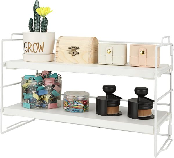 Desktop Organizer Shelf, White 2-Tier Desktop Supplies Storage Rack, Adjustable Storage Rack and Office Cubicle Decor for Tabletop, School, Office, Kitchen, Bathroom