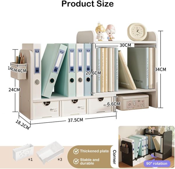 Adjustable Desktop Bookshelf with Drawers, Wood Counter Bookcase Display Shelf Storage Organizer for Office Supplies (White) - Image 2