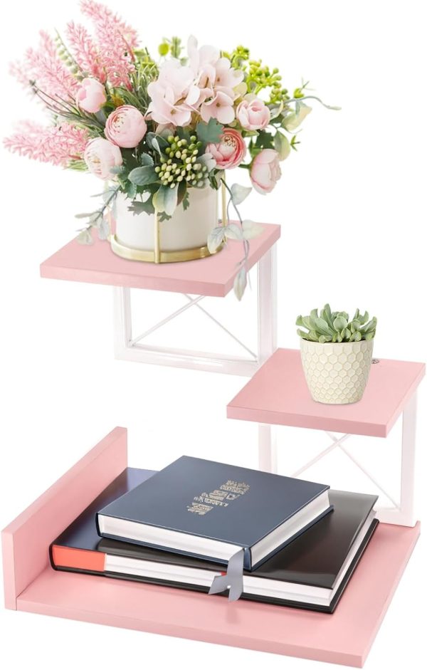 Wood Desktop Shelf, Desktop Organizer Office Storage Rack Adjustable Wood Display Shelf 3 Tier Storage Display Rack Office Decor Stand Shelves with Metal Frame (Pink)