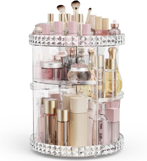 360° Rotating Desktop Transparent Diamond Pattern Cosmetic Organizer Adjustable Shelf Height Spinning Makeup Storage Rack Box with Diamond Pattern for Dressing Toilet Vanity Table Countertop