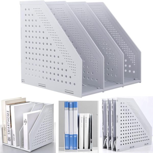 Collapsible 3 Compartment Magazine Holder Desktop Adjustable Sturdy File Dividers Document Cabinet Rack Display (Light Gray 3 Compartment)
