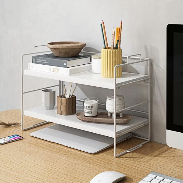 Desktop Organizer Shelf, White 2-Tier Desktop Supplies Storage Rack, Adjustable Storage Rack and Office Cubicle Decor for Tabletop, School, Office, Kitchen, Bathroom - Image 2