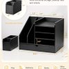 Bamboo Desk Organizer with File Holders, Wooden Table Files Storage with Adjustable Pen Holder and Drawer, Desktop Letter Paper Tray Rack for Office Home School (Black) - Image 2