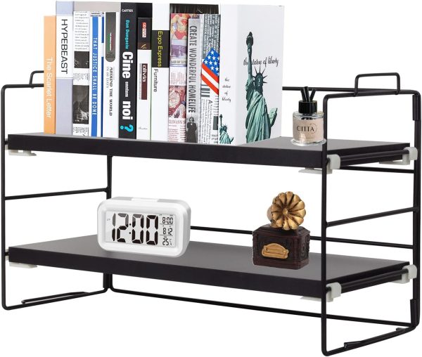 Desk Shelf Organizer, 2 Tier Desktop Shelves, Adjustable Bookshelf Storage Rack and Office Cubicle Decor for Tabletop, School, Office, Dorm Organization (Black)