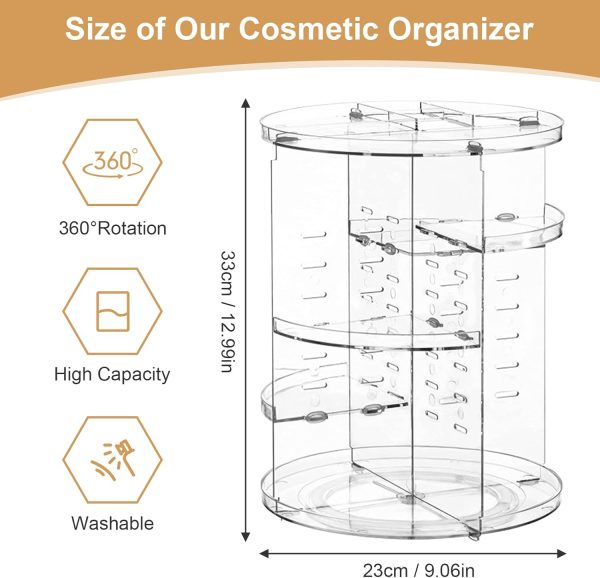 360° Rotating Desktop Transparent Diamond Pattern Cosmetic Organizer Adjustable Shelf Height Spinning Makeup Storage Rack Box with Diamond Pattern for Dressing Toilet Vanity Table Countertop - Image 2