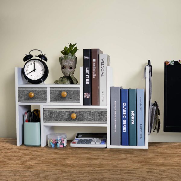 Expandable Wood Desktop Organizer Shelf - Counter Bookcase Adjustable with Drawers Office Organization Shelves Rack for Top of Desk Small Hutch Decorations, White - Image 2