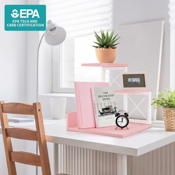 Wood Desktop Shelf, Desktop Organizer Office Storage Rack Adjustable Wood Display Shelf 3 Tier Storage Display Rack Office Decor Stand Shelves with Metal Frame (Pink) - Image 2