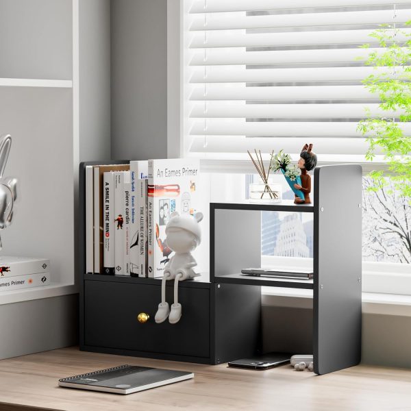 Desktop Organizer with Drawers – Adjustable Storage Shelf for Office, Home, and Study – Space-Saving Desk Organizer for Books, Stationery, and Accessories (Black) - Image 2