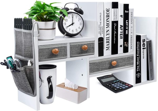 Expandable Wood Desktop Organizer Shelf - Counter Bookcase Adjustable with Drawers Office Organization Shelves Rack for Top of Desk Small Hutch Decorations, White