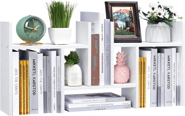 Desktop Shelf Organizer, Adjustable Wood Display Desk Shelf, Office Storage Rack Tabletop Bookshelf Multipurpose Shelves for Home Decor, Office, Gifts (Solid White)