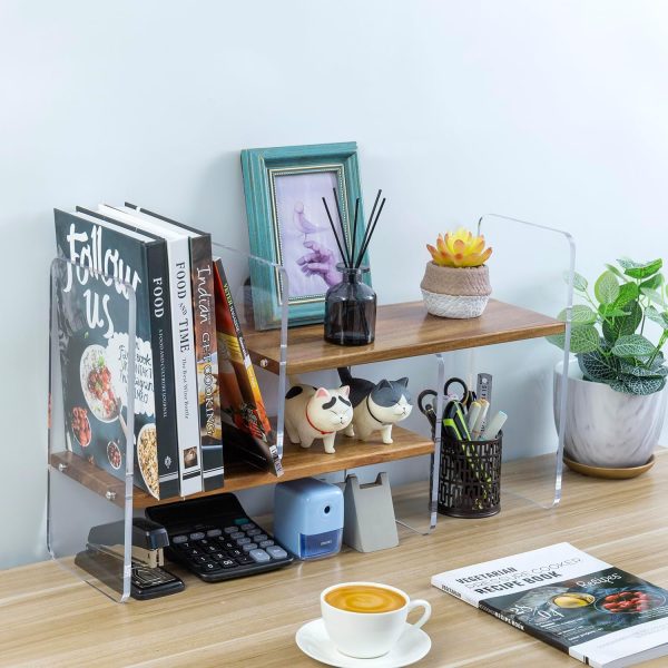 Modern Acacia Wood and Clear Acrylic Adjustable Desk Bookcase Display Shelf and Desktop Organizer - Image 2