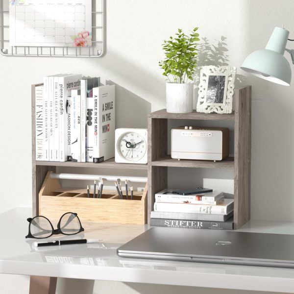 Desktop Bookshelf Organizer Adjustable Wood Desktop Storage Shelf Counter Office Storage Rack Top Bookcase Display Books Elegant Light Grey Oak Desktop Bookshelf for Writing Desk Table