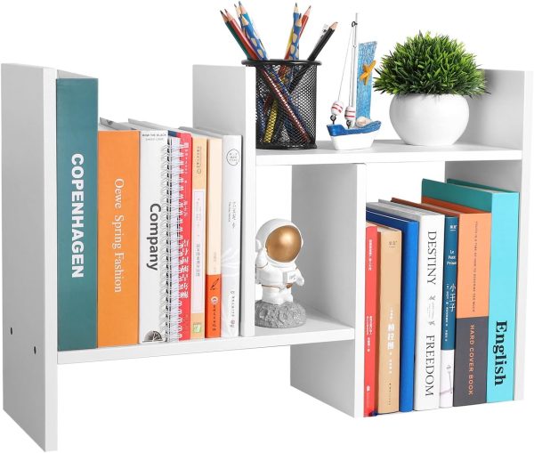 Desktop Shelf Organizer - Adjustable Wood Desktop Bookshelf, Table Top Shelves, Desk Book Organizer for Office Supplies and Home Décor (White)