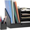 Bamboo Desk Organizer with File Holders, Wooden Table Files Storage with Adjustable Pen Holder and Drawer, Desktop Letter Paper Tray Rack for Office Home School (Black)