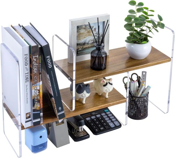 Modern Acacia Wood and Clear Acrylic Adjustable Desk Bookcase Display Shelf and Desktop Organizer