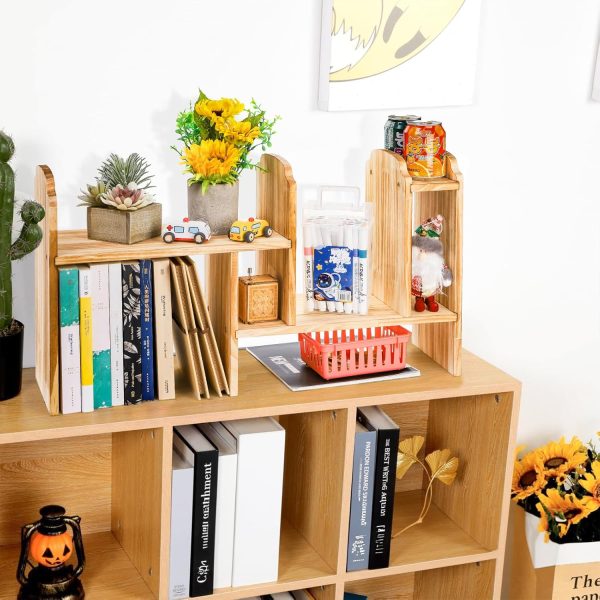 Adjustable Desktop Storage, Wood Display Bookshelf with 7 Compartments, Expandable Desk Shelf Hutch, Office Storage Rack for Desk Table Storage and Organization - Image 2