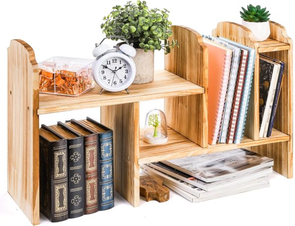 Adjustable Desktop Storage, Wood Display Bookshelf with 7 Compartments, Expandable Desk Shelf Hutch, Office Storage Rack for Desk Table Storage and Organization