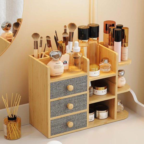 Makeup Organizer Countertop, Cosmetic Skincare Organizers With 3 Makeup Brush Holders/3 Drawers/7 Storage Shelves, Elegant Bamboo Make Up Storage Organizers Holder For Counter Vanity Dresser Bathroom - Image 2
