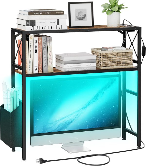 Desk Shelf, 2 Tires Desktop Bookshelf, 31.9 Inchs Desk Hutch for Monitor, Desktop Shelves with Outlet and LED Light, Adjustable Height Desktop Shelf, for Home, Office, Dorm, Brown