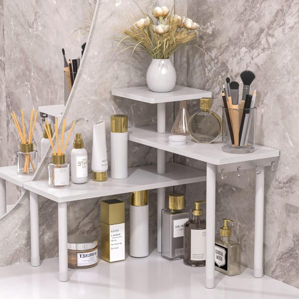 Bathroom Organizer Countertop Corner Shelf, 3 Tier Moveable Organizer for Make Up, Dresser Table, Desktop (White)
