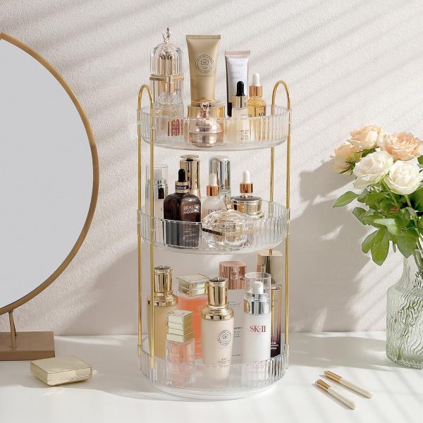 Rotating Makeup Organizer for Vanity, 3 Tier Perfume Skincare Organizers and Storage for Bathroom Countertop, Clear Spinning Counter Cosmetic Holder for Dresser (White)