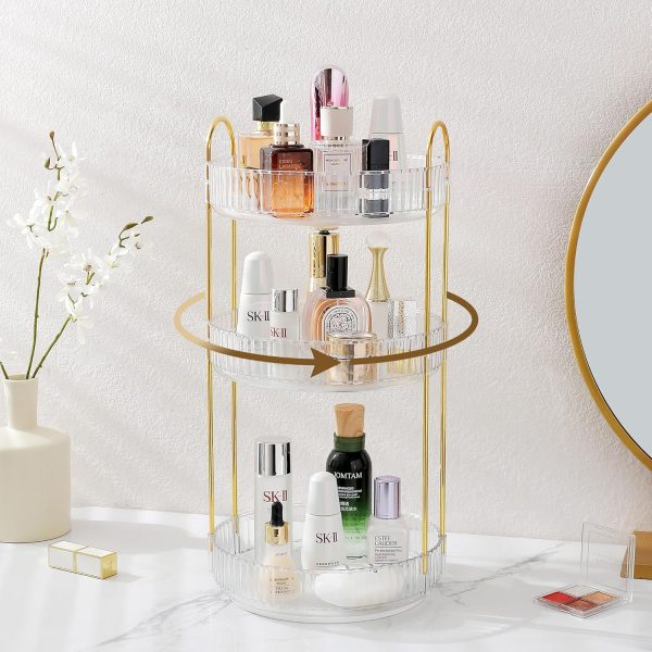 Rotating Makeup Organizer for Vanity, 3 Tier Perfume Skincare Organizers and Storage for Bathroom Countertop, Clear Spinning Counter Cosmetic Holder for Dresser (White) - Image 2